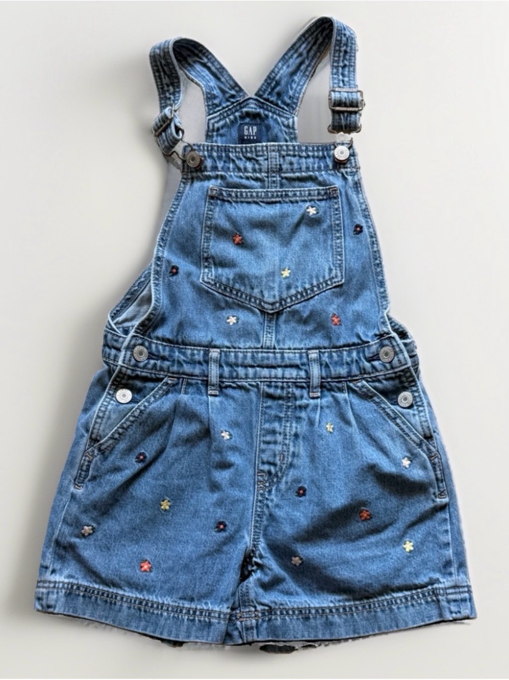 Gap Kids Floral Embroidered Denim Short Overalls Size M 8-9
